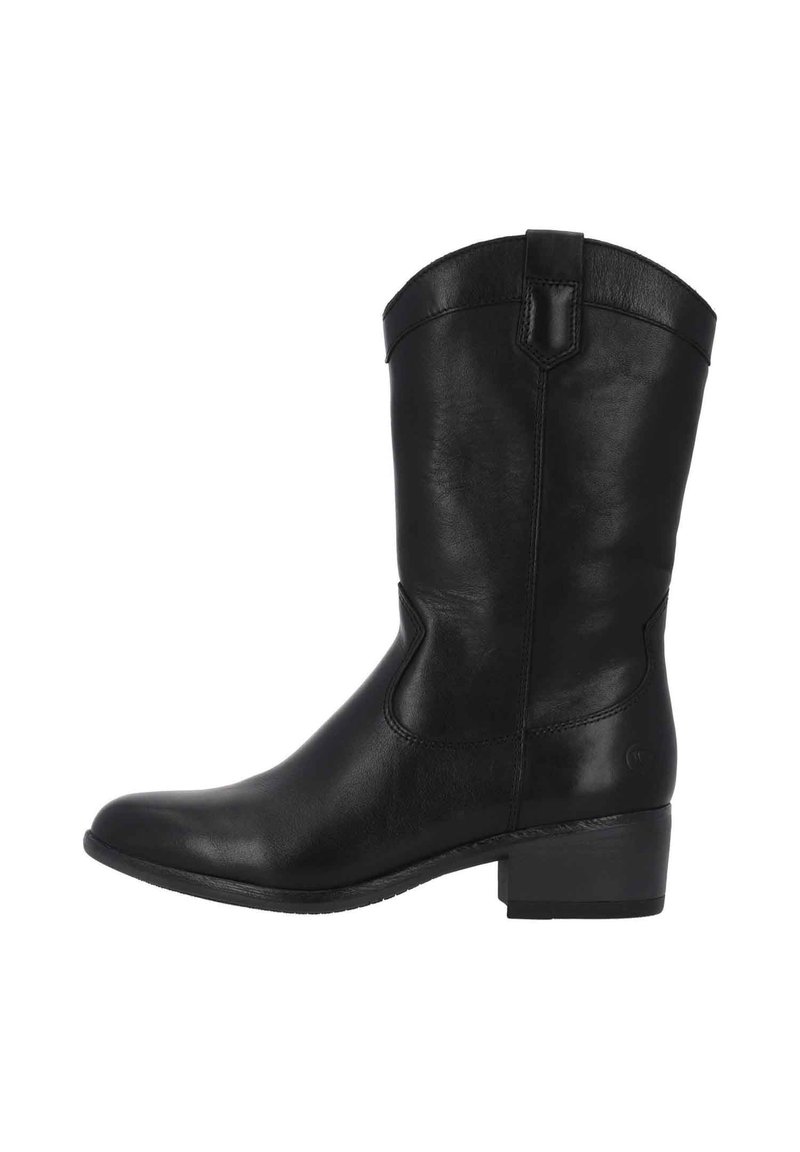 Czarny skórzany botek za kostkę z zaokrąglonym noskiem, obcasem warstwowym i subtelnym przeszyciem. Gładka faktura, bez widocznych elementów metalowych czy zdobień.