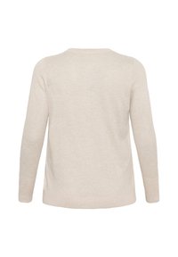 Beżowy sweter z dzianiny, z długimi rękawami, okrągłym dekoltem i textured wykończeniem, z lekko wydłużonym tyłem dla luźniejszego fasonu.