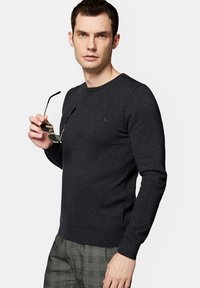 Ciemnoszara sweter dzianinowy z okrągłym dekoltem i prążkowanymi mankietami. Model trzyma okulary przeciwsłoneczne w jednej ręce, nosząc kraciastą spódnicę.