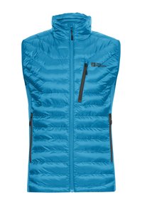 Gilet blu imbottito con colletto alto, dotato di zip frontale e due tasche laterali. Design texture con pannelli trapuntati e dettaglio del logo.