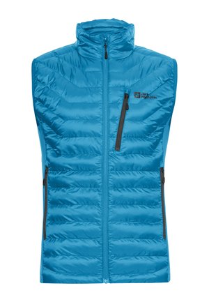 Gilet bleu rembourré avec un col haut, doté d'une fermeture éclair à l'avant et de deux poches latérales. Design texturé avec des panneaux matelassés et un détail de logo.