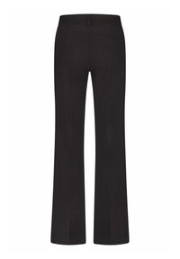 Zwarte broek van een gladde stof, met een recht model en een gestructureerde tailleband. Twee achterzakken zonder zichtbare versieringen.