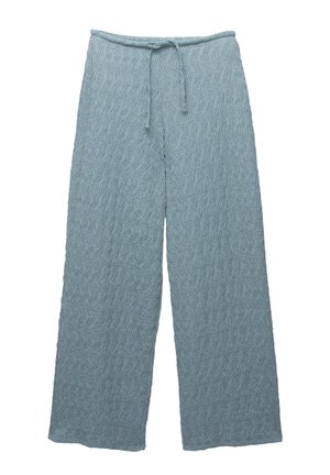 Helleblaue weit geschnittene Hose mit strukturiertem Wellenmuster, Zugbandbund und weichem Stoff. Ideal für einen entspannten Stil.