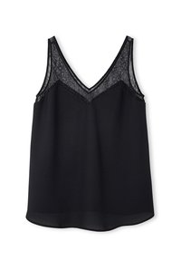 Black sleeveless top with a V-neck, featuring lace accents on the shoulders and neckline. Smooth fabric with a flowing design.