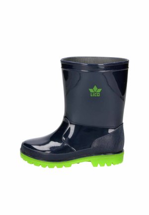 Navy rubber rain boot with a textured surface, green sole, and Lico logo. Mid-calf height and round toe design. Smooth finish.