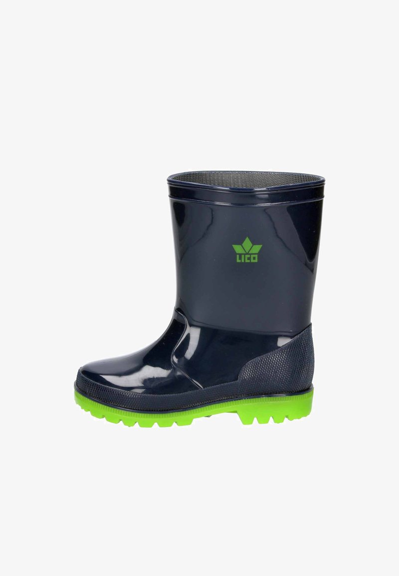 Navy rubber rain boot with a textured surface, green sole, and Lico logo. Mid-calf height and round toe design. Smooth finish.