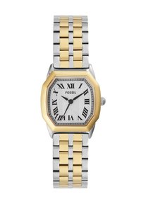 Fossil octagonal wristwatch with a two-tone silver and gold stainless steel band, white textured dial, black Roman numerals, and logo.
