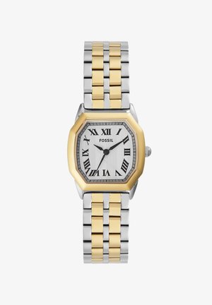 Orologio da polso ottagonale Fossil con bracciale in acciaio inossidabile bicolore argento e oro, quadrante bianco texturizzato, numeri romani neri e logo.