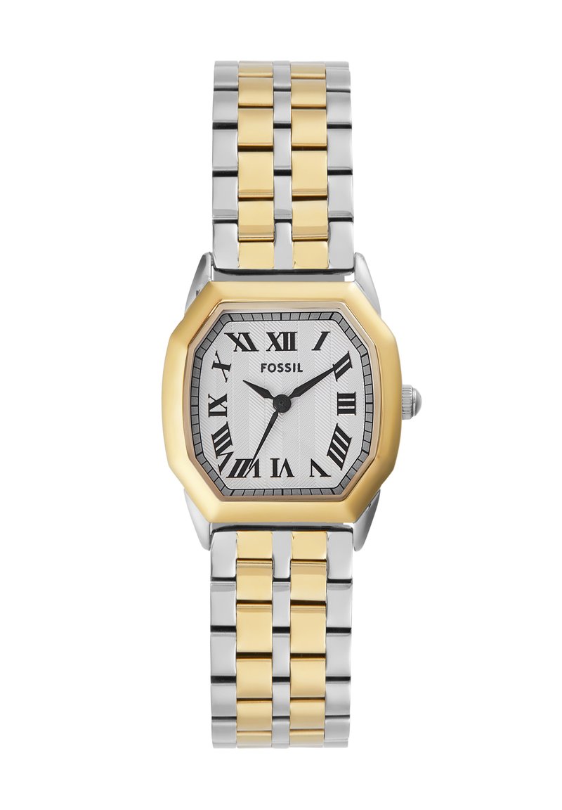 Fossil octagonal wristwatch with a two-tone silver and gold stainless steel band, white textured dial, black Roman numerals, and logo.