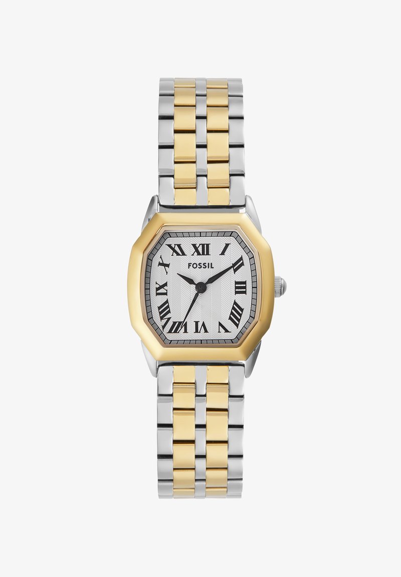 Orologio da polso ottagonale Fossil con bracciale in acciaio inossidabile bicolore argento e oro, quadrante bianco texturizzato, numeri romani neri e logo.