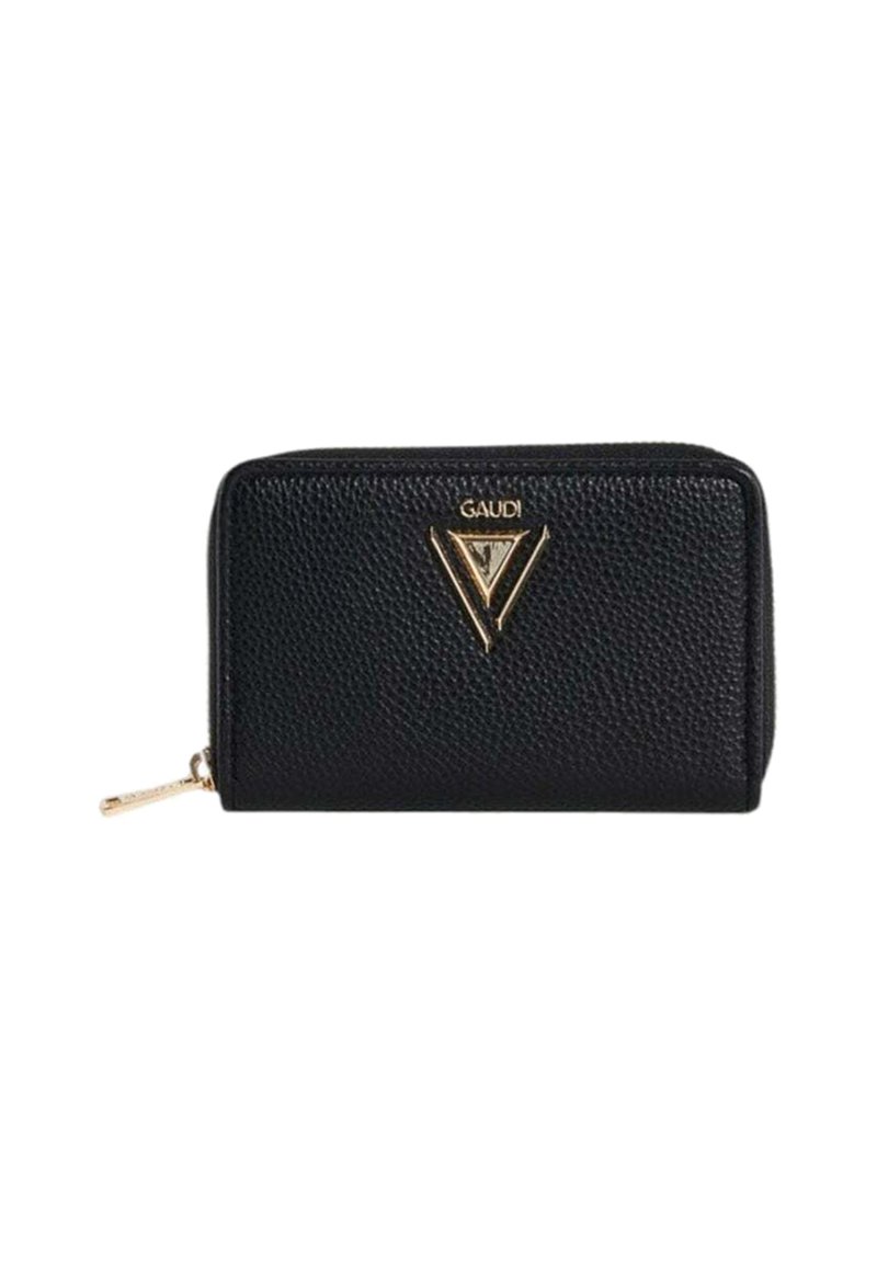 Portafoglio in pelle nera a forma di ciottolo con logo triangolare dorato, chiusura con zip e forma rettangolare. Presenta un esterno testurizzato e hardware minimale.