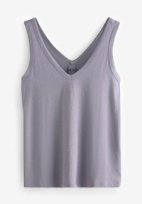 Top sin mangas morado con un escote en V profundo, hecho de una tela suave. Diseño simple sin patrones ni adornos, con bordes limpios.