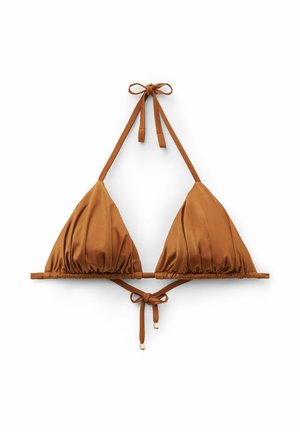 Top de bikini marrón en forma de triángulo con cuello halter ajustable y lazos en la espalda, con pequeños detalles de cuentas blancas en las cuerdas traseras.