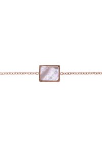 Bracciale in oro rosa con un centrale rettangolare in madreperla, dotato di un delicato design a catena e una sottile lucentezza iridescente.