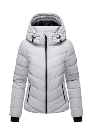 Light gray padded winter jacket with adjustable hood, black zipper front, zippered side pockets, and black wrist cuffs.