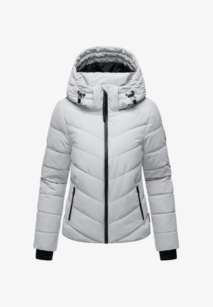 Hellgraue gepolsterte Winterjacke mit verstellbarem Kapuzenrand, schwarzem Reißverschluss vorne, seitlichen Reißverschlusstaschen und schwarzen Bündchen an den Handgelenken.