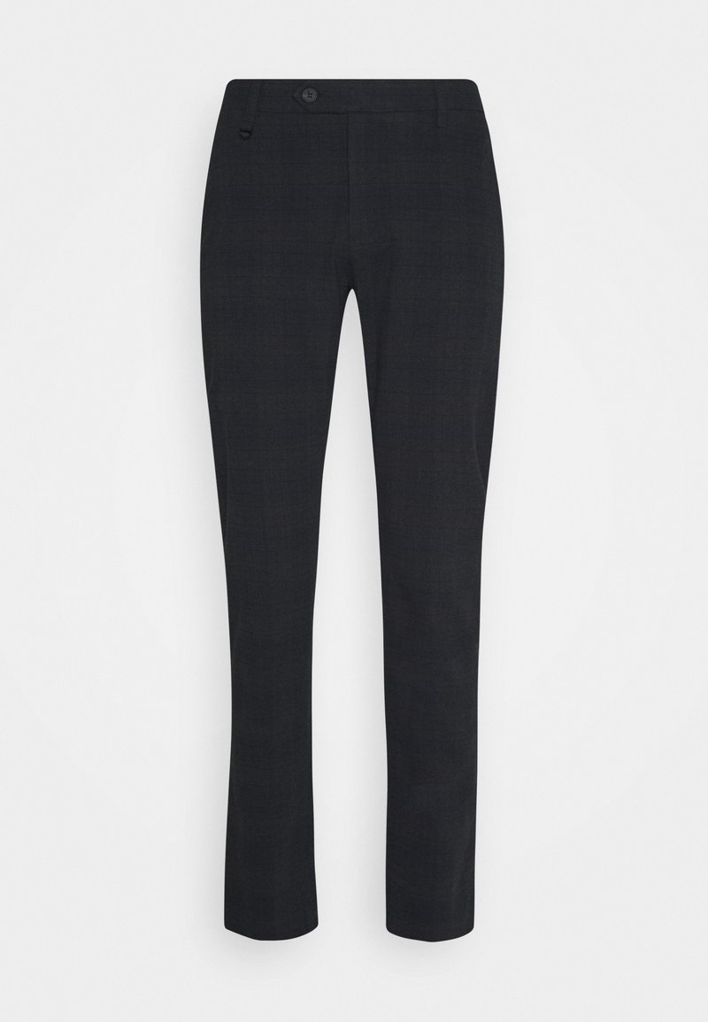 Pantalon noir sur mesure à coupe slim, présentant un motif à carreaux subtil, une fermeture à boutons sur le devant et deux poches sur les côtés.