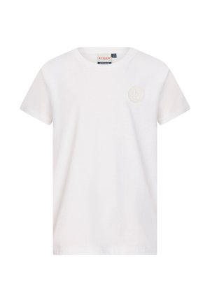 Witte T-shirt met korte mouwen en ronde hals, voorzien van een subtiel reliëflogo op de linkerborst en een merklabel aan de binnenkant van de kraag.