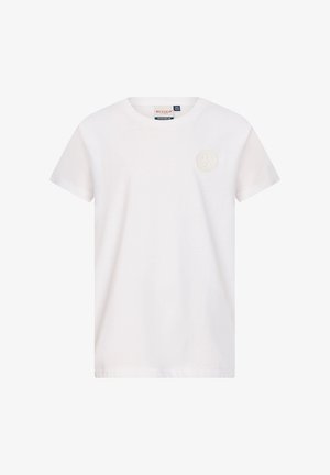 Witte T-shirt met korte mouwen en ronde hals, voorzien van een subtiel reliëflogo op de linkerborst en een merklabel aan de binnenkant van de kraag.