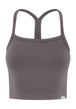 Grå ærmeløs cropped top med smalle stropper, der danner en Y-form på ryggen, lavet af ribbet stof med et lille logomærke i nederkanten.