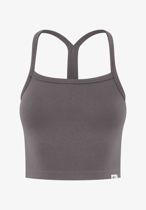 Grå ærmeløs cropped top med smalle stropper, der danner en Y-form på ryggen, lavet af ribbet stof med et lille logomærke i nederkanten.