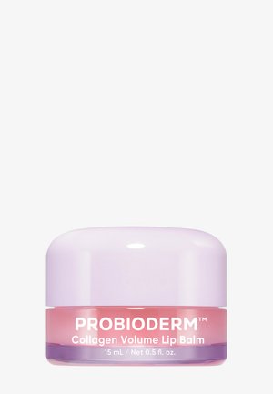 Petit pot rose de baume à lèvres volumateur au collagène ProBioderm avec un couvercle violet clair, 15 millilitres, sur fond blanc.