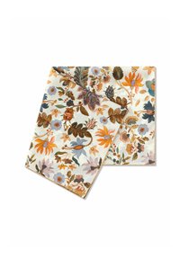 Tissu à motif floral avec des fleurs multicolores en orange, bleu et marron sur un fond crème, présentant une texture lisse.