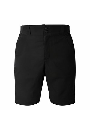 Zwarte knielange shorts met riemlussen, twee knopen en een rits aan de voorkant op een effen witte achtergrond.