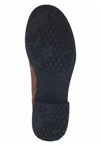 Semelle de chaussure en caoutchouc noir présentant une surface texturée avec des motifs d'étoiles et géométriques, complétée par un matériau supérieur marron visible au niveau du talon.