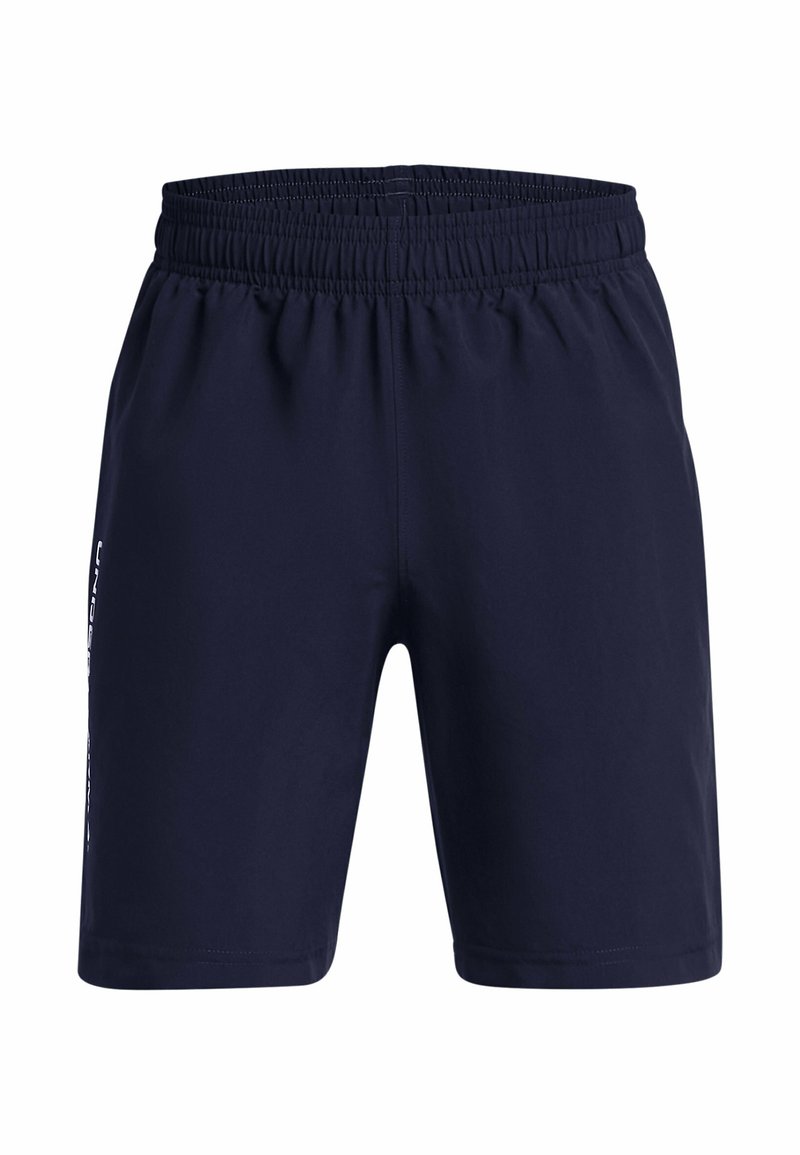 Pantalones cortos deportivos de color azul marino con una cintura elástica, textura suave y un acento de logo blanco en el lado izquierdo. Diseño clásico y de longitud hasta la rodilla.