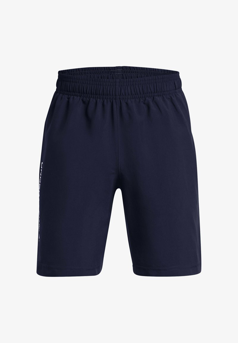 Pantalones cortos deportivos de color azul marino con una cintura elástica, textura suave y un acento de logo blanco en el lado izquierdo. Diseño clásico y de longitud hasta la rodilla.