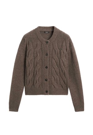 Bruine kabelgebreide cardigan met een ronde halslijn, knopen aan de voorkant, geribbelde manchetten en een geribbelde zoom. Heeft een textuurpatroon door de stof heen.
