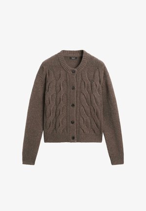 Bruine kabelgebreide cardigan met een ronde halslijn, knopen aan de voorkant, geribbelde manchetten en een geribbelde zoom. Heeft een textuurpatroon door de stof heen.
