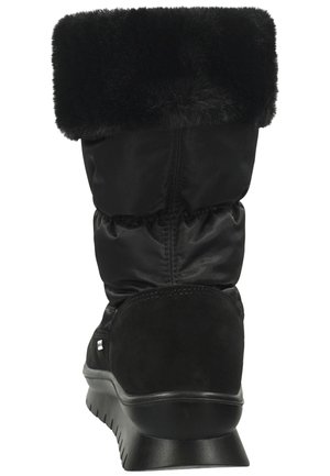 Black outdoor boot with a thick faux fur cuff, smooth fabric shaft, and a textured rubber sole. Features a rounded toe and stitched details.