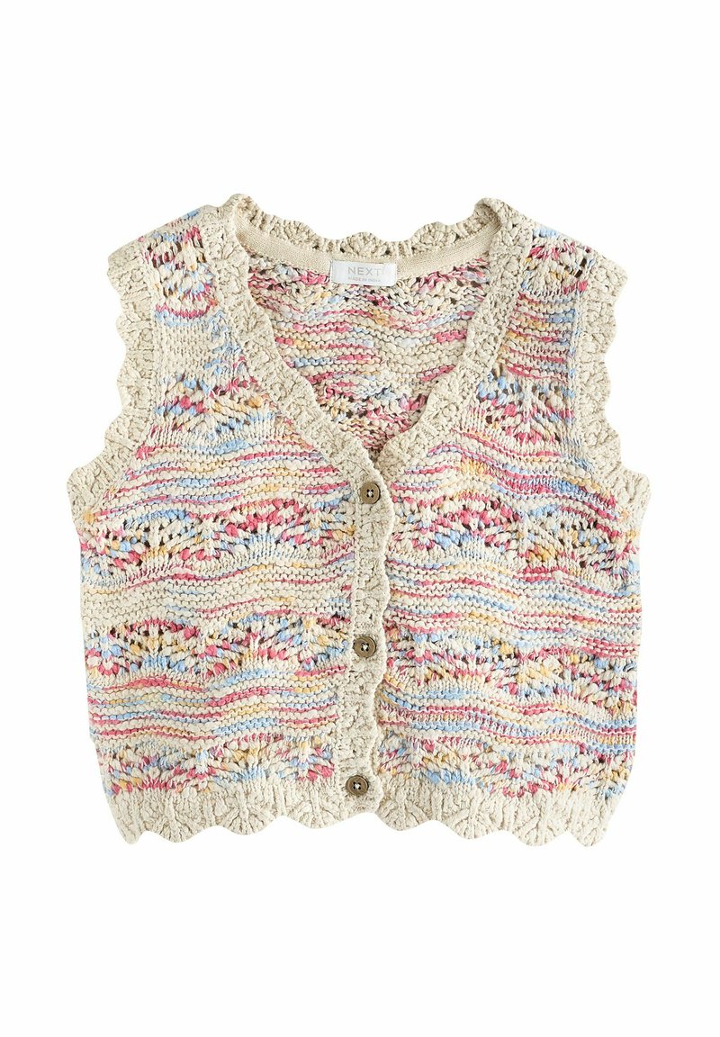 Gilet di maglia color crema con strisce orizzontali multicolori in rosa, blu e giallo. Presenta un bordo scallop e bottoni frontali.