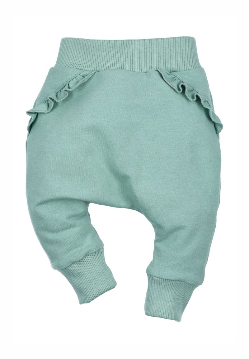Lichtgroene katoenen joggers met ribgebreide waistband en boorden, voorzien van ruches aan de zijzakken voor extra detail.
