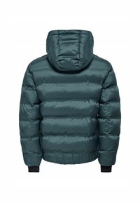 Giubbotto imbottito teal, design imbottito, con cappuccio e polsini elasticizzati, finitura liscia, leggera lucentezza, con motivo trapuntato orizzontale sul retro.