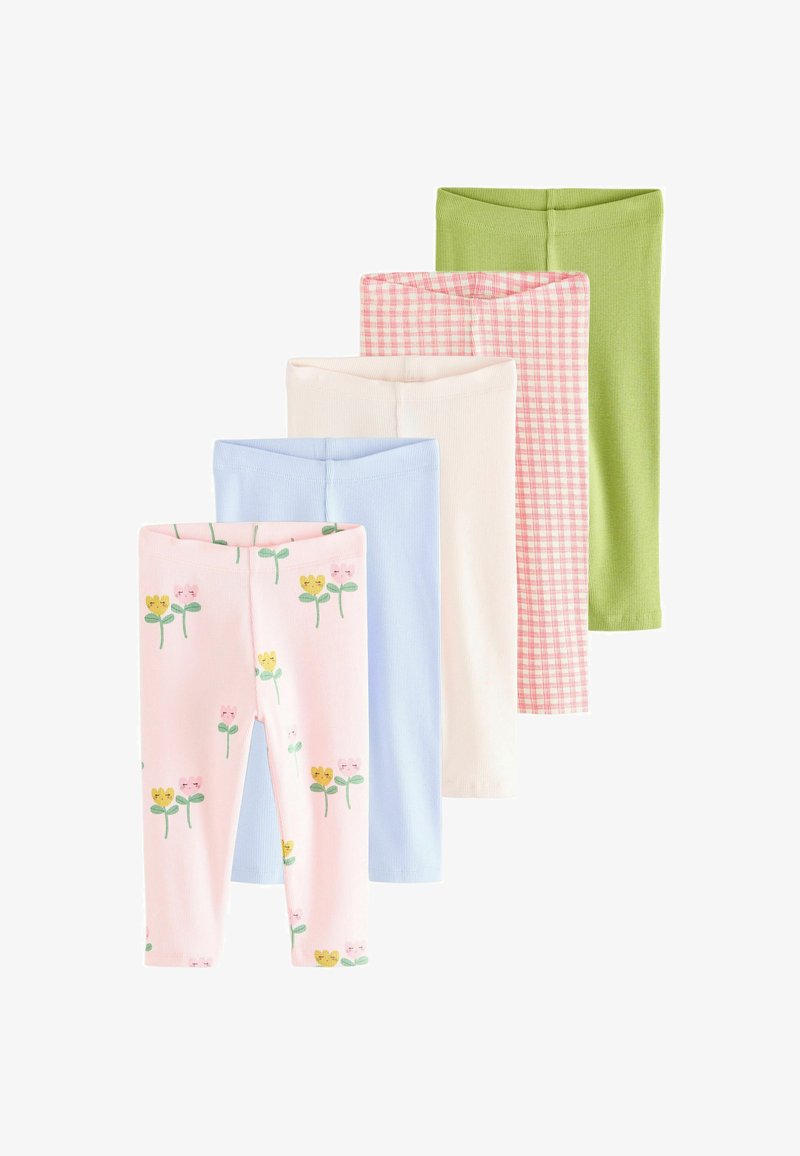 Fünf Paar Kleinkind-Leggings in Pastellfarben, darunter Grün, pink kariert, Creme, Blau und Pink mit gelben und pinken Blumenprint.