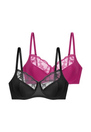 Black and pink bras with lace detailing, featuring adjustable straps, smooth cups, and a curved design for comfort and support.