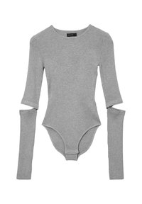 Graues geripptes Langarm-Body mit Ausschnitten an den Ärmeln und tailliertem Design. Weiche Textur mit rundem Halsausschnitt und Druckknopfverschluss.