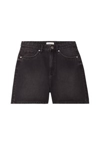 Zwarte denim short met een klassieke snit, vijf zakken en hardware in zilverkleur. Heeft een logolabel op de tailleband en minimale stikdetails.