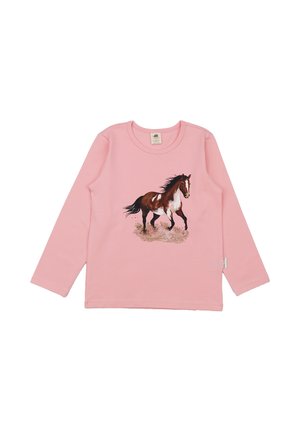 Pink long-sleeve shirt with a running brown and white horse graphic centered on the front.