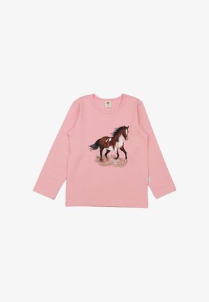 Pink long-sleeve shirt with a running brown and white horse graphic centered on the front.