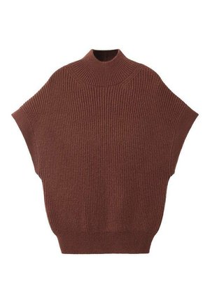 Suéter marrón de punto acanalado con un cuello alto tipo mock y mangas cortas y anchas. Presenta un ajuste holgado y una tela texturizada.