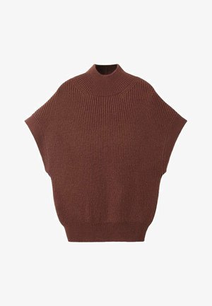 Maglione a coste marrone con un alto colletto a imbuto e maniche corte e larghe. Presenta una vestibilità comoda e un tessuto testurizzato.