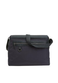 Borsa a tracolla in tessuto blu scuro con cappuccio in pelle, tasca frontale con zip e tracolla regolabile con dettagli del logo in rilievo.