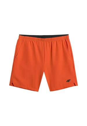 Fel oranje heren sportshorts met elastische tailleband, zijzakken, kleine zijslitsen en zwart "4F"-logo op het linkerbeen.