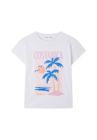 T-shirt bianca a maniche corte con una grafica colorata di palme, sole e la scritta "COSTARICA" in rosa e blu. Materiale in cotone morbido.