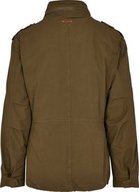 Olive green jacket with a collar, zip closure, and epaulettes. Features a smooth texture and stitched detailing on the back.