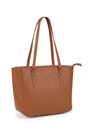 Brązowa skórzana torba typu tote z podwójnymi paskami na ramię, metalowymi pierścieniami i zamkiem błyskawicznym u góry, z logo "VIVISENCE" na przodzie.